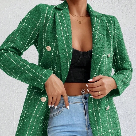 Lapel Collar Long Sleeve Plaid Thick Woolen Blazer Jacket - Picture 1 of 4